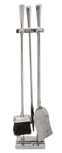 Mid-Century Modern Chrome Fireplace Tool Set: Mid-Century Modern Chrome Fireplace Tool Set, comprising: stand, broom, shovel, and poker. 30" H x 6" W x 6" D. Provenance: From a New York City Collection. Keywords: Fireplace accessories, Hearth, Fi