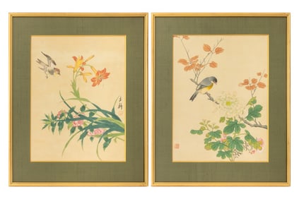 Korean School Flowers & Birds Gouache, Pair
