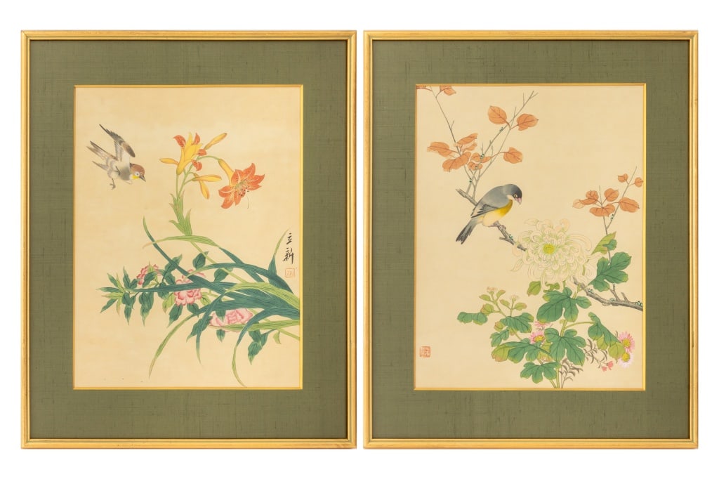 Korean School Flowers & Birds Gouache, Pair (1 of 11)