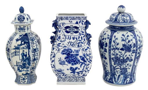 Chinese Blue & White Porcelain Vessels, 3: Collection of Three Chinese Blue and White Porcelain Vessels, comprising: one Hu vase with applied flower form handles, one octagonal covered ginger jar with pagoda motif, with cobalt six character ma