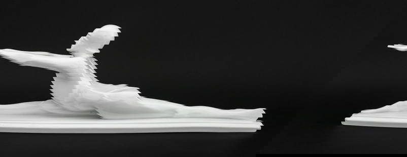 Rosenthal White Glazed Porcelain Gymnast: Rosenthal Glazed Porcelain Gymnast, stretching forward with outstretched arms on oval base, marked "Rosenthal / Bavaria" to the underside. 6.75" H x 3.5" W x 23.5" D. Provenance: From a New York City