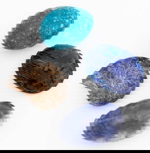 Collection of Mineral Specimens, 4: Collection of Four Mineral Specimens and Fossil, comprising: one ammonite, a carved lapis lazuli scarab beetle, one dyed dragon vein agate egg, and one dyed blue quartz egg. Scarab: 2.5" L x 2" W. Pro