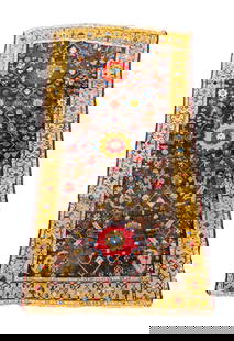 Persian Rug, 9' 5" x 4' 8": Persian Rug, dark ground with yellow border. 9' 5" L x 4' 8" W. Provenance: From a New York City Collection. Keywords: Carpets, Textiles, Floor Covering, Vintage, Persian, Interior Design, Decorative