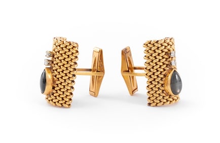 14K Yellow Gold Sapphire Diamond Cufflinks