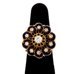 14K Yellow Gold Diamond Enamel Ring
