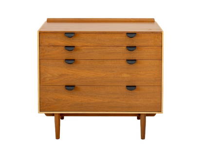 Finn Juhl for Baker Walnut Chest of Drawers: Finn Juhl for Baker Furniture Walnut Chest of Drawers, with four graduated drawers and brass drawer pulls on four tapered legs. 33" H x 36" W x 18" D. Provenance: From a 5th Avenue Estate. Keywords: V