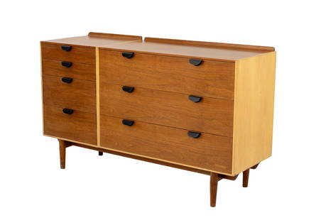Finn Juhl for Baker Maple & Walnut Dresser: Finn Juhl for Baker Maple and Walnut Dresser, with four short drawers beside three long drawers, "Baker Furniture" plaque label inside top short drawer. 33" H x 54.75" W x 19.25" D. Provenance: From a