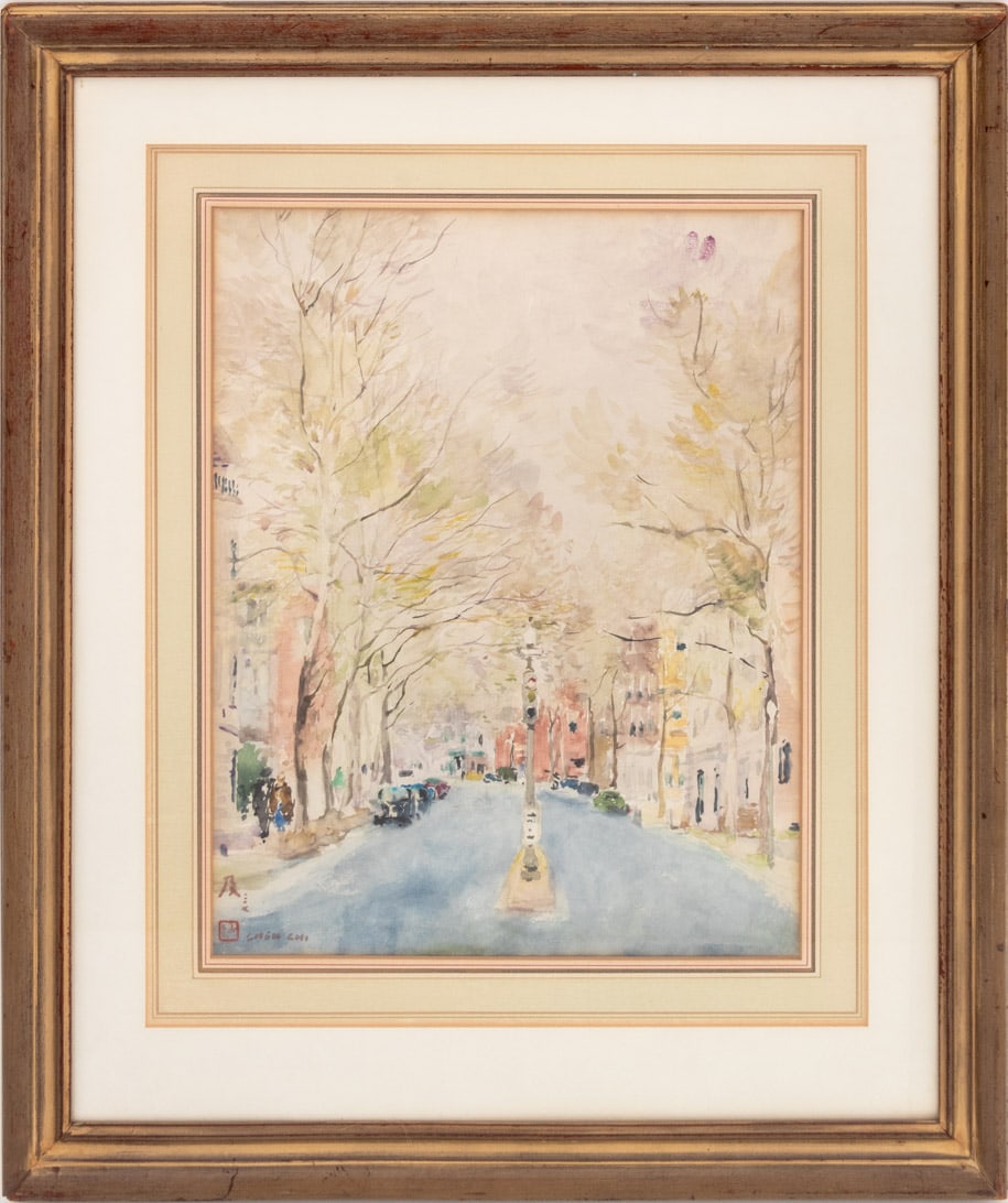 Chen Chi New York Street Scene Watercolor on Paper: Chen Chi (Chinese/American, 1912-2005), New York City Street Scene, Watercolor on Paper, inscribed "Ji" in Mandarin, signed, and with chop seal mark lower left, silvered wood frame. Image: 16" H x 12.