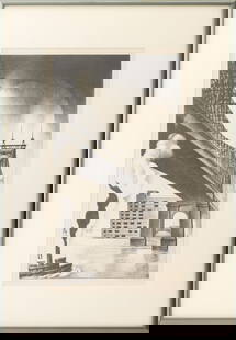Louis Lozowick Queensboro Bridge Lithograph, 1930: Louis Lozowick (American, born Ukraine, 1892-1973), Queensboro Bridge, Lithograph, 1930, signed in pencil and dated lower right, Doyle, New York label to the reverse, silver-tone metal frame. Image: 1
