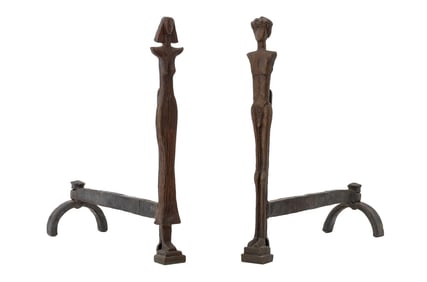 Giacometti Style Figural Bronze Andirons, Pair
