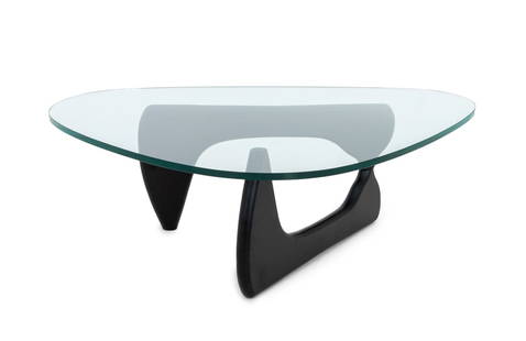 Isamu Noguchi Style Amorphic Coffee Table: Isamu Noguchi Style Amorphic Coffee Table, rounded edge triangular glass top above ebonized hinged wood base, marked "Alivar" to the underside of the base. 16.75" H x 50.5" W x 36.75" D. Provenance: F