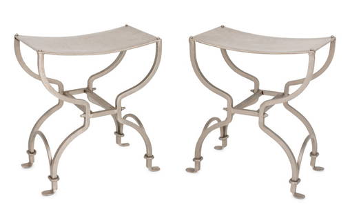 Maison Jansen Neoclassical Style Stools, Pair: Pair of Maison Jansen Style Neoclassical Revival Metal Stools. 18" H x 16" W x 10" D. Provenance: From a New York City Collection. Keywords: Modern design, Vintage Furniture, Benches, Living Room, Lou