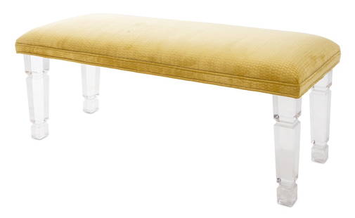 Chartreuse Upholstered Acrylic Bench: Chartreuse Upholstered Cushion Seat Acrylic Bench, on square tapered legs. 20" H x 53" W x 18" D. Provenance: From a New York City Collection. Keywords: Modern Furniture, Seating, Window seat, Lounge,