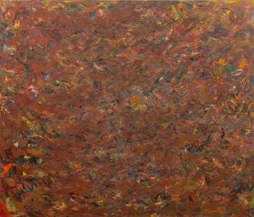 Andy Miller Abstract Composition Oil on Canvas: Andy Miller (American, b. 1950), Abstract Composition, Oil on Canvas, impasto details, warm reddish brown and midnight blue details, with artist's studio stamp and signed to verso, unframed. 76" H x 6