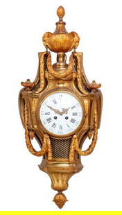 Louis XVI Style Lacquered Brass Cartel Clock: Louis XVI Style Lacquered Brass Cartel Clock, late 19th century, the cartouche shaped body surmounted by an urn, issuing laurel swags, the circular enamel dial, with strike on bell movement. 30" H x 1