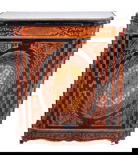 Louis XV Style Kingwood and Marquetry Bar Cabinet: Louis XV Style Gilt Metal Mounted Kingwood and Marquetry and Pen Work Bar Cabinet, 20th century, the shaped rectangular top with pull out slide, below a pair of oval paneled doors enclosing glass rack