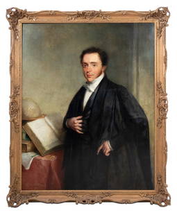 English School Portrait of a Scholar Oil on Canvas: English School, Portrait of a Scholar, Oil on Canvas, early 19th century, signed indistinctly and dated lower left, ornate giltwood frame. Image: 51.25" H x 40.5" W; frame: 57" H x 47" W. Keywords: Pa