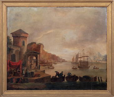Italian School Harbor Scene Oil on Canvas, 18th C.: Italian School, Harbor Scene, Oil on Canvas, 18th century, unsigned, wood frame. Image: 25.25" H x 30" W; frame: 29" H x 33.5" W. Keywords: Painting, Oil painting, Works on Canvas, Cityscape, Landscap