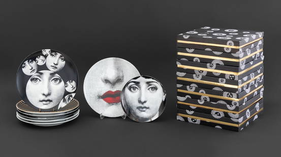 Fornasetti "Tema E Variazionoi" Plates, 8: Set of Eight Fornasetti "Tema E Variazionoi" Porcelain Plates, each marked "Tema e Variazioni / Fornasetti - Milano / Made in Italy" to the verso, seven with original boxes. Largest plate: 10.25" Diam