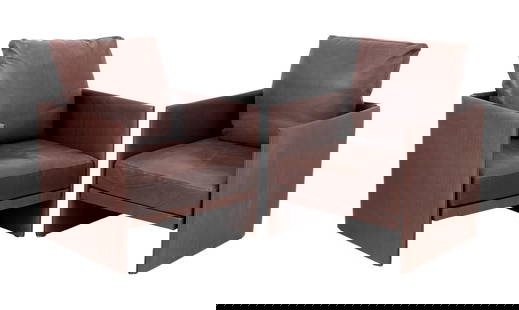 Mario Bellini x Cassina Leather Lounge Chairs, 2: Pair of Mario Bellini for Cassina Brown Leather Lounge Chairs, with leather cushions. 26" H x 30.5" W x 29.5" D; seat: 16.5" H. Provenance: From a Vintage Collection of Italian Designer Furniture Samp
