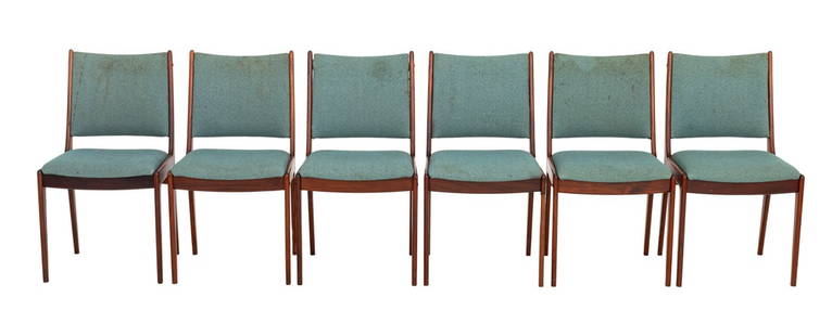 Johannes Andersen Attr. Rosewood Dining Chairs, 6: Set of Six Johannes Andersen Attributed Rosewood Dining Chairs, each with blue upholstered seat and back on four tapered legs. 33.5" H x 18" W x 16.5" D; seat: 18.5" H. Provenance: From a Long Island,
