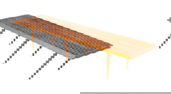 Mel Smilow for Smilow-Thiele Walnut Slat Bench: Mel Smilow for Smilow-Thiele Walnut Slat Bench, on four tapered legs. 14" H x W x 18" D. Provenance: From a Long Island, New York Estate. Keywords: Modern Furniture, Vintage Furniture, Seating, Long s