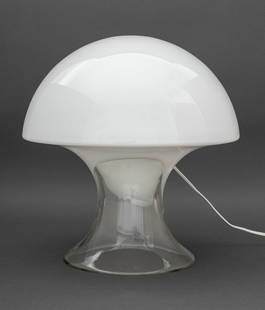 Gino Vistosi Murano Glass Mushroom Table Lamp: Gino Vistosi Murano Glass Mushroom Table Lamp, with opaque white glass top on clear glass base. 14" H x 13" Diameter. Provenance: From a 5th Avenue Estate. Keywords: Modern Lighting, Italian lighting,