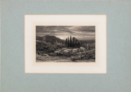 Samuel Palmer "The Rising Moon" Etching, 1857: Samuel Palmer (English, 1805-1881), "The Rising Moon", Etching on Chine Applique, 1857, signed in plate lower left, printed by the Etching Club for the Art Union, plate 10, unframed. Image: 4.5" H x 7