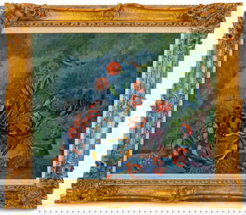 Bruno Krauskopf Still Life with Red Flowers Oil: Bruno Krauskopf (German, 1892-1960), Still Life with Red Flowers, Oil on Board, signed lower left, giltwood frame. Image: 19.5" H x 24" W; frame: 26.75" H x 30.75" W x 2.25" D. Provenance: From an Upp
