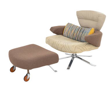 Giorgio Saporiti x Il Loft "Mary" Chair & Ottoman: Giorgio Saporiti for Il Loft "Mary" Lounge Chair and Ottoman, in blue, brown, and beige upholstery with long pillow, the chair on four chrome plated legs and the ottoman with two back casters. Chair: