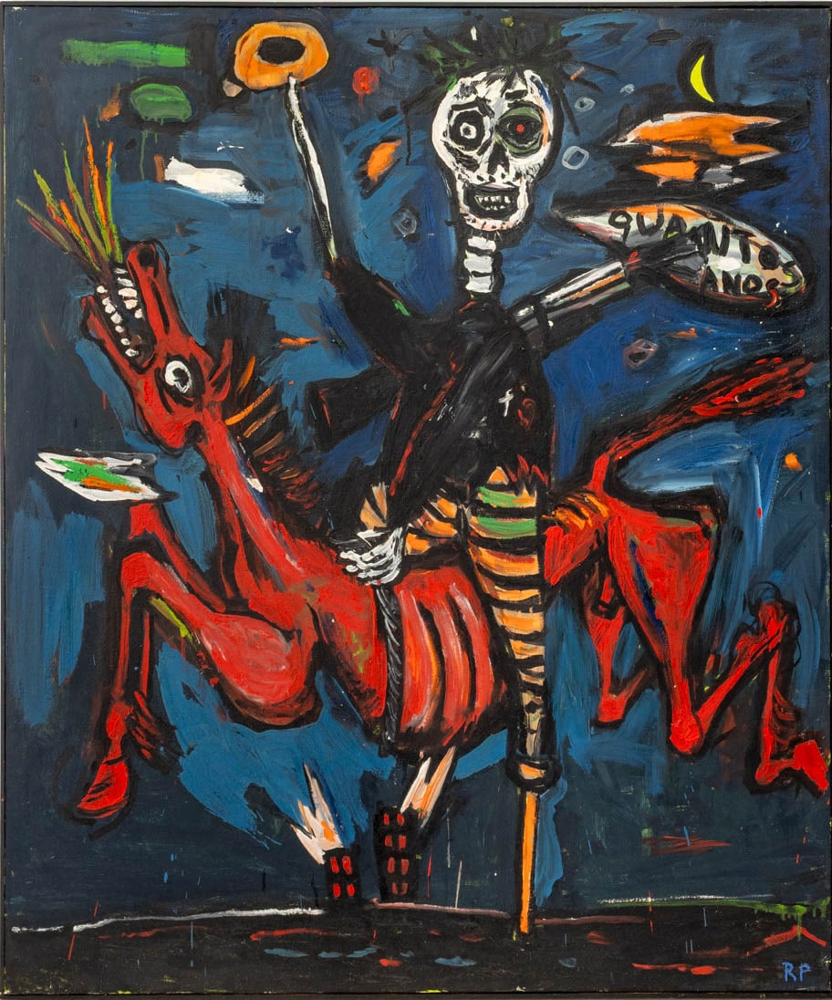 Rick Prol "Cuantos Anos" Oil on Canvas, 1983: Rick Prol (American, b. 1958), "Cuantos Anos", Oil on Canvas, 1983, initialed lower right, signed, inscribed, titled, and dated to verso with Christie's label, black painted wood frame. Image: 50.25"