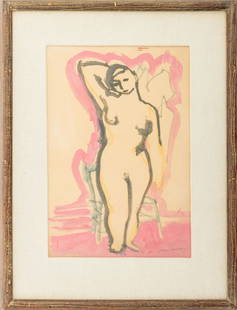 Earl Cavis Kerkam Nude Figure Watercolor on Paper: Earl Cavis Kerkam (American, 1891-1965), Nude Figure, Watercolor on Paper, signed in pencil, wood frame. Image: 16.5" H x 11" W; frame: 25" H x 19" W x 1.5" D. Provenance: From a New York City Collect