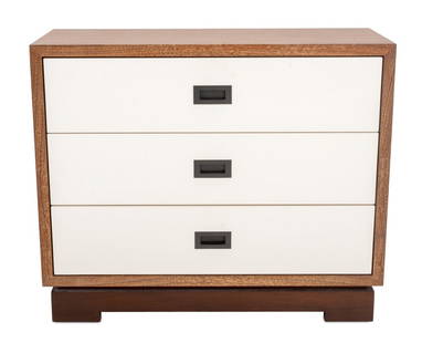 Altura Furniture Cerused Wood Chest of Drawers: Altura Furniture Cerused Wood Chest of Three Drawers, with white faces, plaque label to top drawer. 32" H x 38" W x 14.25" D. Provenance: From a New York City Collection. Keywords: Contemporary Furnit