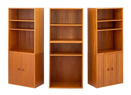 Danish Teak Wood Modular Wall Cabinets, 6: Six Danish Teak Wood Modular Wall Cabinets, comprising: pair of three open shelves above two-door cabinets and two open shelves above three open shelves. Larger: 56.25" H x 23.75" W x 11.75" W. Proven