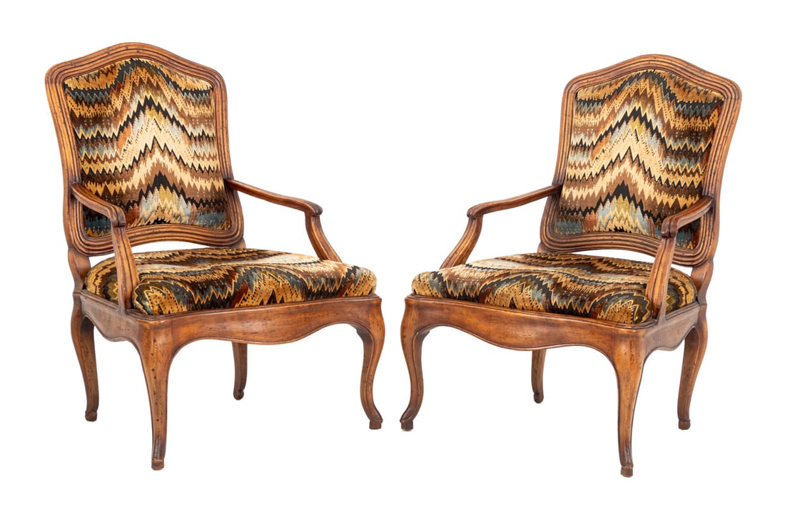 Missoni Style Upholstered Walnut Fauteuils: Pair of Missoni Style Upholstered Walnut Fauteuils, the velvet upholstery in beige, brown, and gray on four cabriole legs. 39.75" H x 26.5" W x 23" D; seat: 18" H. Provenance: From an Upper West Side,