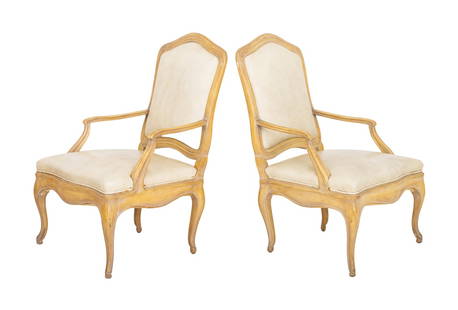 Louis XV Style Fauteuil, Pair: Pair of Louis XV Style Wood Fauteuils, with vinyl upholstered seats and backs. 39.75" H x 26.5" W x 25" D; seat: 18" H. Provenance: From an East 80th Street, New York City Estate. Keywords: European F