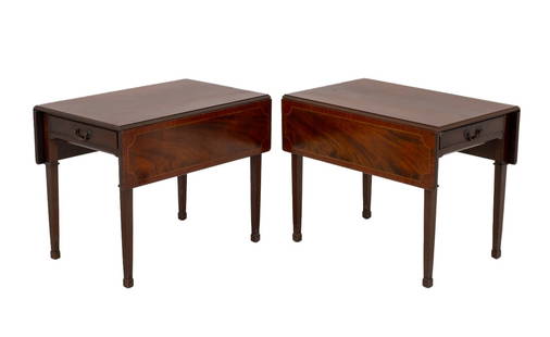George III Style Mahogany Pembroke Tables, Pair: Pair of Sahon George III Style Mahogany Pembroke Tables, with flame mahogany inlay and single drawer with brass drawer pull on four tapered legs, "Sahon Furniture" plaque to the interior drawer. 24" H