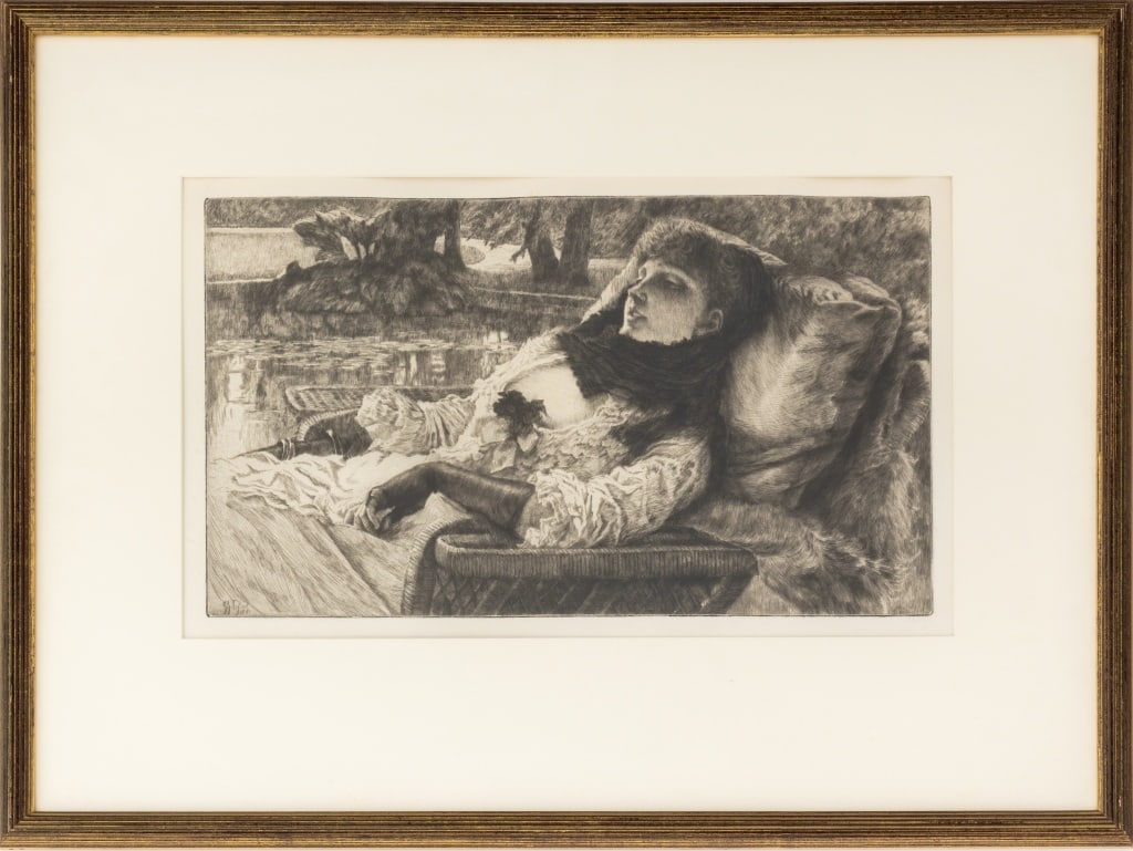 James Tissot "Soiree d'ete" Etching and Drypoint: James Jacques Joseph Tissot (French, 1836-1902), "Soiree d'ete", Etching and Drypoint, 1882, signed in plate lower left, from an edition of 100, giltwood frame. Image: 9" H x 15" W; frame: 18.25" H x