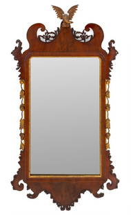George III Parcel Gilt & Mahogany Mirror, ca. 1770: George III Parcel Gilt and Mahogany Wall Mirror, circa 1770, with eagle cresting. 51" H x 27.5" W. Provenance: Alfred Bullard, Inc., New York, 1965. From an 1120 Park Ave Estate. Keywords: Looking gla