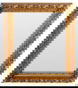 Late Victorian Gilt Composition Mirror: Late Victorian Gilt Composition Mirror, late 19th century, with elaborate foliate borders enclosing rectangular mirror plate. 43" H x 38.5" W x 4.5" D. Keywords: Giltwood, Picture frame, Looking Glass