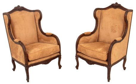 Louis XV Style Velvet Upholstered Bergeres, Pair