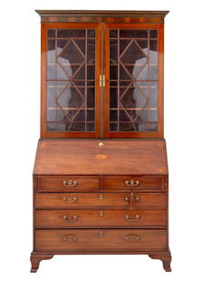 George III Style Mahogany Secretary Bookcase: George III Style Mahogany Secretary Bookcase, early 20th century, with a two-door cabinet opening to five shelves above a fall front desk the interior with shell inlay to central cabinet flanked by tw