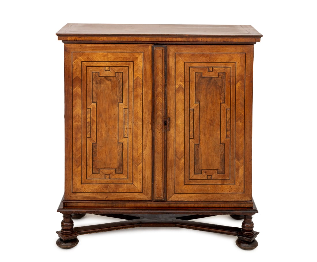 Baroque Revival Marquetry Walnut Cabinet: Baroque Revival Marquetry Walnut Cabinet, with two doors opening to twelve drawers, atop a separate base above four bun feet. 44" H x 42" W x 21" D. Provenance: The Estate of a Prominent East Coast Un