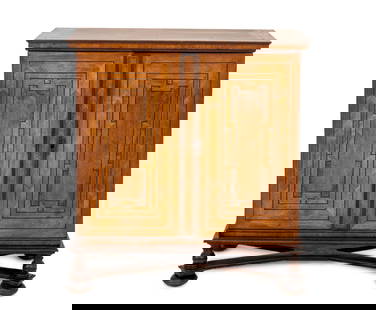 Baroque Revival Marquetry Walnut Cabinet: Baroque Revival Marquetry Walnut Cabinet, with two doors opening to twelve drawers, atop a separate base above four bun feet. 44" H x 42" W x 21" D. Provenance: The Estate of a Prominent East Coast Un