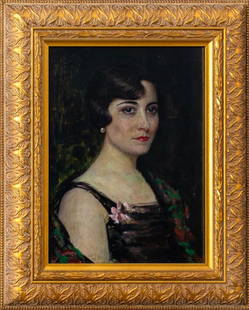 American School Portrait of a Woman Oil on Board: American School, Portrait of a Woman, Oil on Board, depicting a woman wearing pearl earrings and elegant dress, apparently unsigned, giltwood frame. Image: 11.25" H x 8" W; frame: 16" H x 13" W. Prove