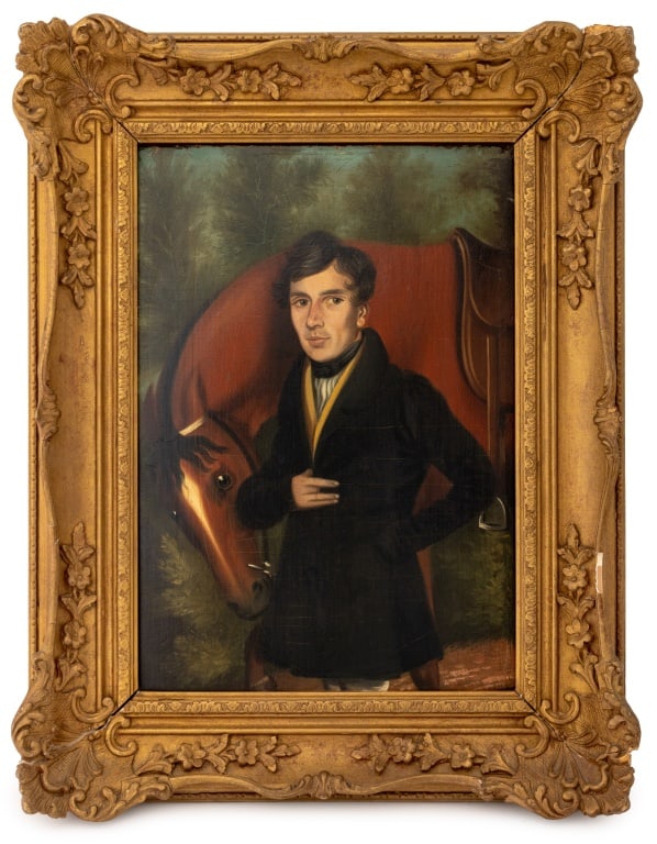 English Portrait of a Man & His Horse Oil on Panel (1 of 5)