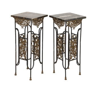 Brandt Style Wrought Iron & Marble Pedestals, Pair: Pair of Wrought Iron Marble Top Pedestals in the Style of Edgar Brandt, with square nero portoro marble tops above pierced brass floral panel and four twist form legs on circular feet. 34" H x 14" W x