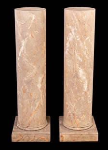 Trompe l'Oeil Marble Painted Wood Pedestals, Pair: Pair of Trompe l'Oeil Marble Paint-Decorated Wood Pedestals, 20th century, each of typical form. 44" H x 13" W x 13" D. Keywords: Faux Marble, Furniture, Display stand, Plant stand, Sculpture gallery,
