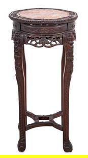 Chinese Carved Hardwood and Marble Pedestal Table: Chinese Carved Hardwood and Marble Pedestal Table, late 19th century, the lobed inset marble top with carved border and frieze, on four tall scrolled legs joined by stretcher. 36" H x 14.5" W x 14.5"