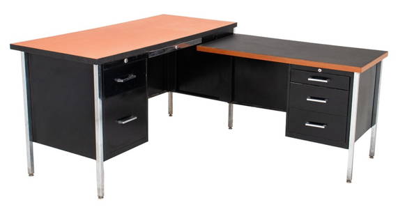 Mid-Century Modern Black Aluminum & Chrome Desk: Mid-Century Modern Black Aluminum and Chrome L-Shaped Desk, with painted wood top, two short drawers above two right side drawers and three left side drawers, with "Vanguard" label to interior center